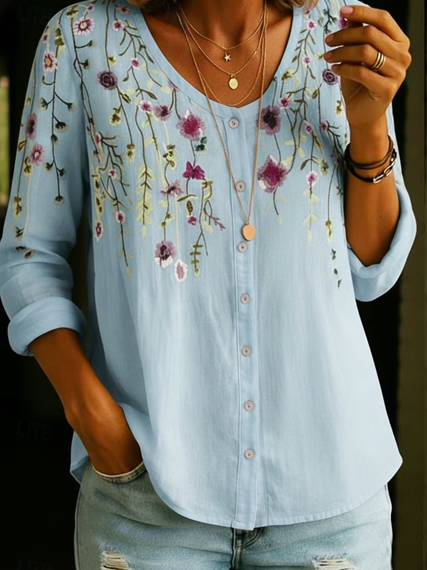 Women's Shirt Buttons Print Floral Graphic Vintage Daily Stylish Long Sleeve V Neck Regular Tops Casual Daily Blue Black White Yellow Pink Summer Spring 2026 - $34.99 –P5