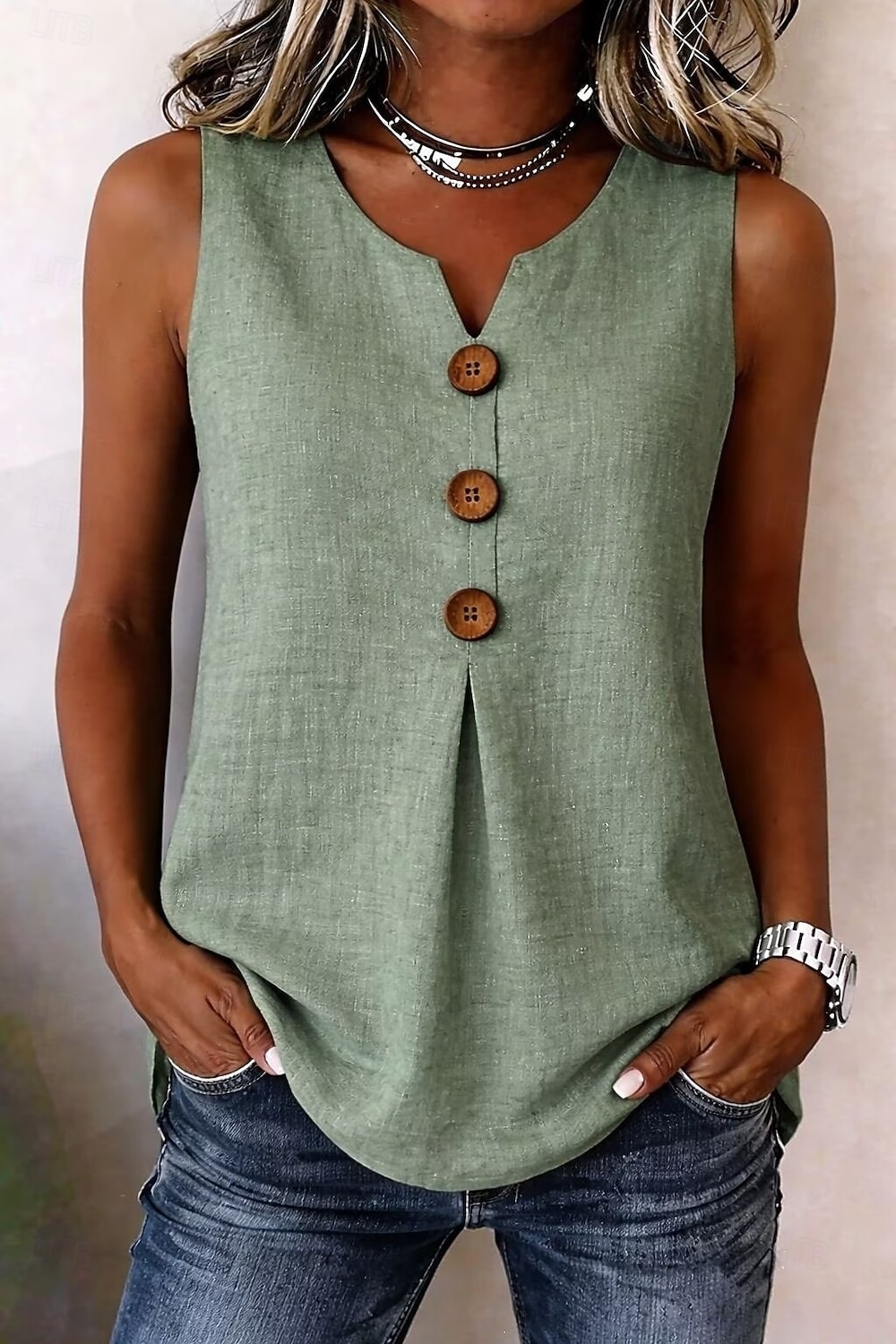 Mujer Blusa Color sólido Vintage Elegante Básico Sin Mangas Escote en Pico Tops largos Casual Diario Azul Piscina Blanco Rojo Naranja Verde Trébol Verano Primavera 2026 - $10.49 –P10