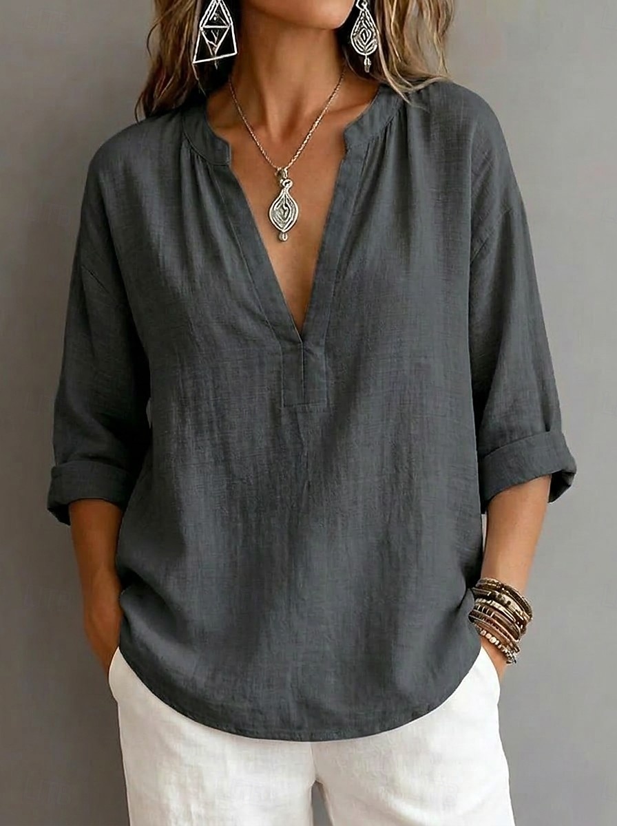 Women's Shirt Blouse Solid Color Vacation Stylish 3/4 Length Sleeve V Neck Regular Tops Casual Daily Blue Black White Pink Summer Spring 2026 - $25.99 –P4
