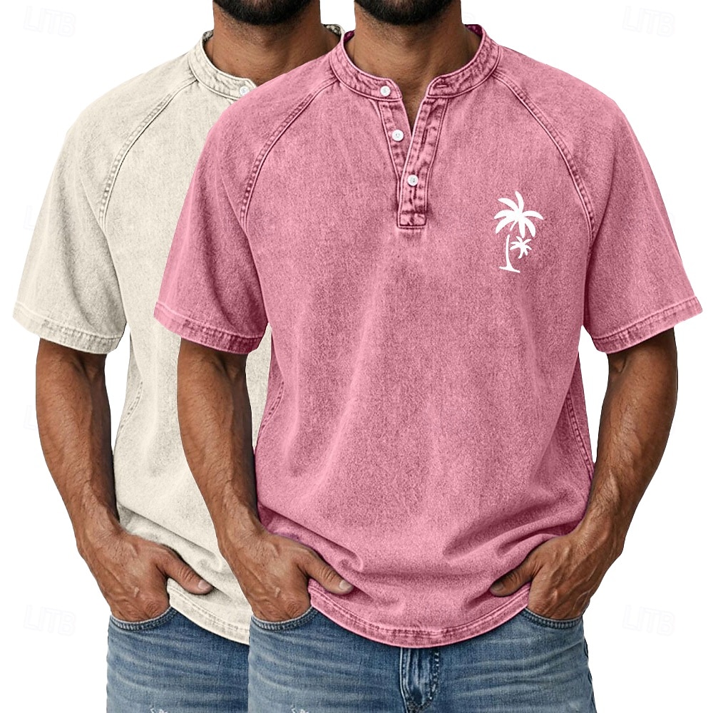 SoftFade™ Men's 2-PCS Coconut Tree T Shirt Demin Shirt 100% Cotton Acid Wash Shirt Short Sleeve Vintage Streetwear Casual Home Street Summer Spring Black Light Green Light Blue Stand 2026 - $62.99 –P12