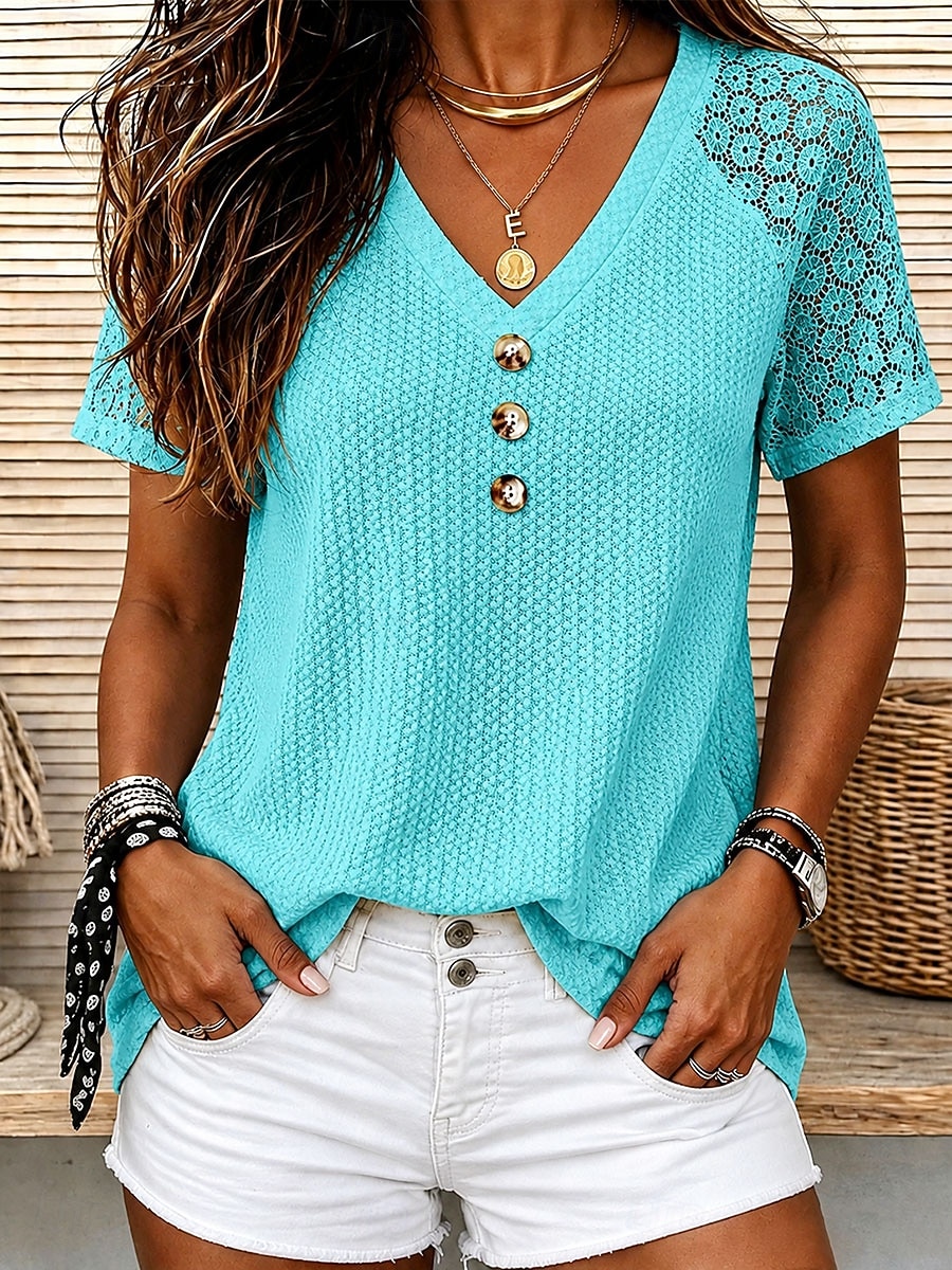 Women's T Shirt Lace Solid Color Vintage Stylish Casual Short Sleeve V Neck Regular Tops Casual Daily Blue White Yellow Pink Summer Spring 2026 - $24.99 –P2