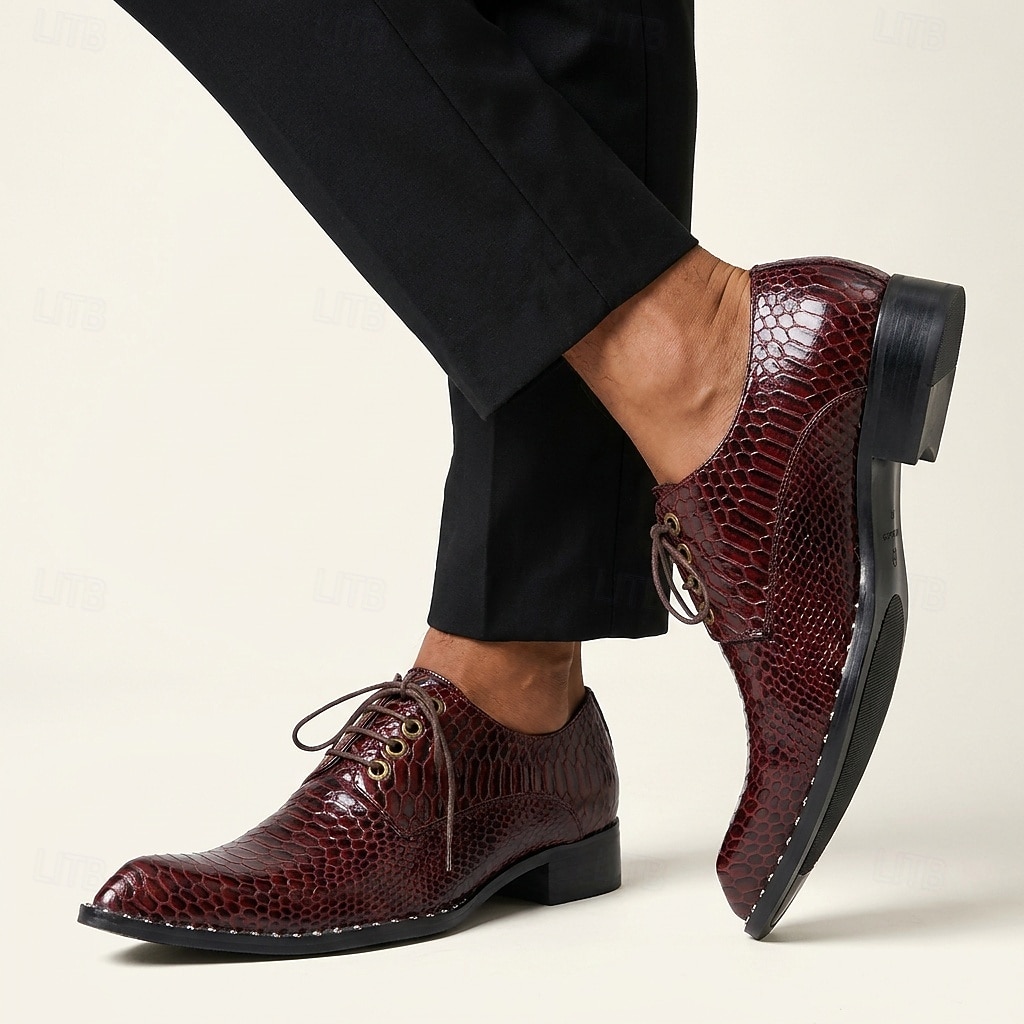 Men\'s Croc-Embossed Burgundy Leather Derby Dress Shoes Handmade Burgundy Crocodile Embossed Leather Shoes | Oxford  main image 3