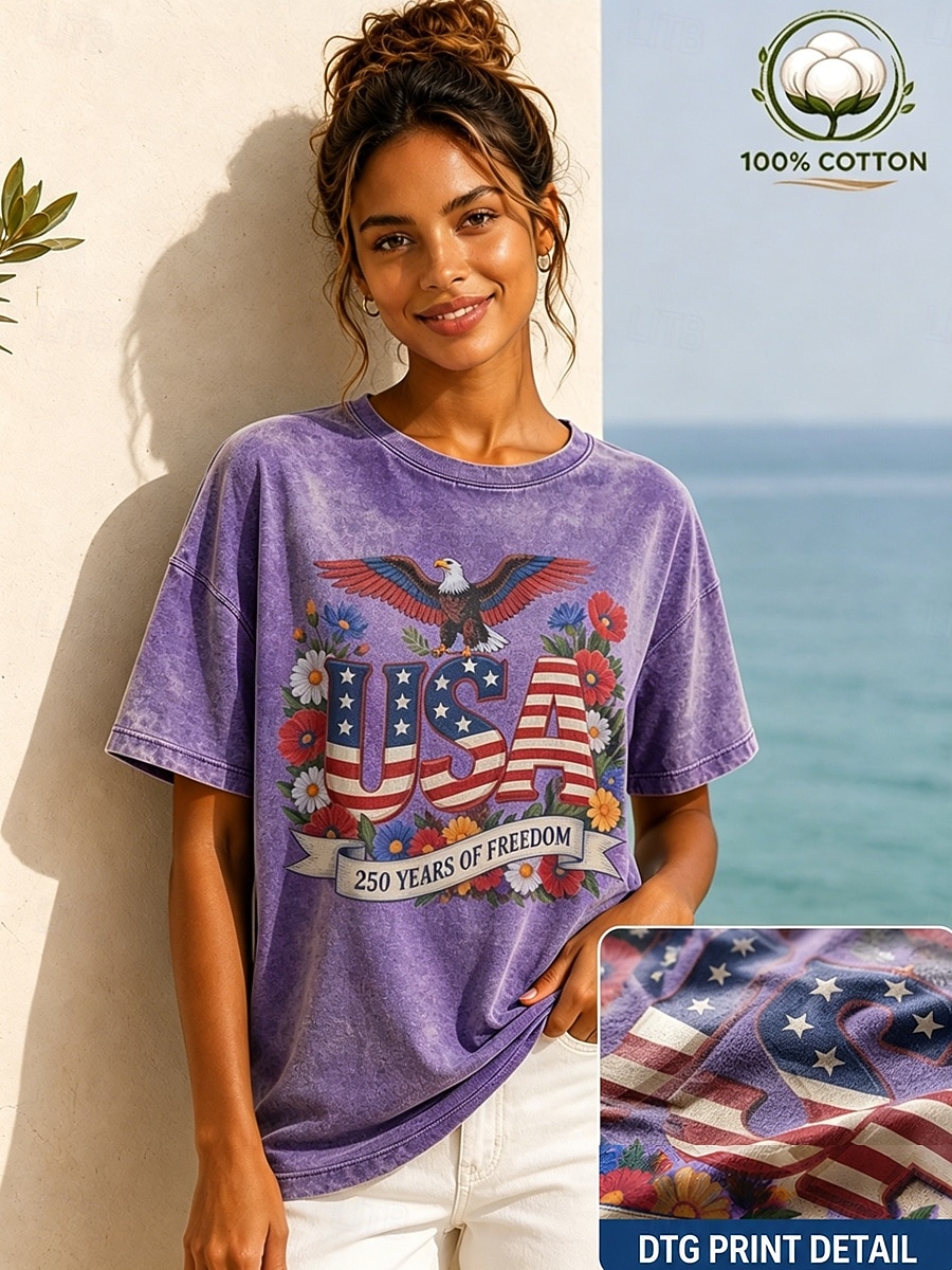 Amerikaanse onafhankelijkheidsdag Dames 100% Katoen T-shirt Vintage gewassen tops Afdrukken Grafisch Brief Vintage Modieus Stijlvol Korte mouw Strakke ronde hals Normale tops Casual Dagelijks blauw 2026 - $33.99 –P1