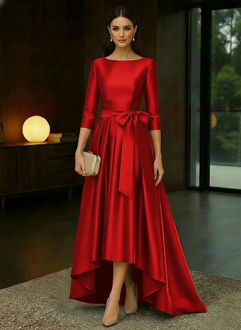 A-Line High-low Dress Tea Length Cocktail Dresses Elegant Red carpet 3/4 Length Sleeve Boat Neck Wedding Formal Taffeta Stretch Satin with Bow(s) Pleats 2026