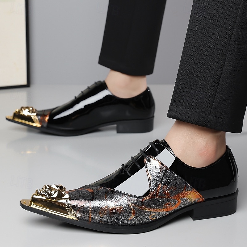 Męskie czarno-brązowe abstrakcyjne buty typu derby z metalowym noskiem, eleganckie buty sznurowane dla stylowych mężczyzn, na wesela, imprezy, bale maturalne i występy sceniczne 2026 - $46.99 –P5
