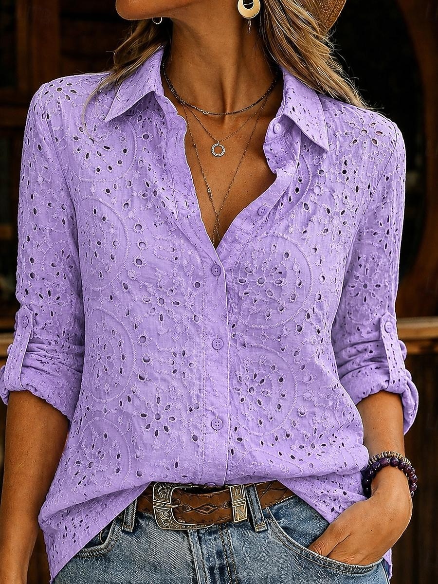 Women's Blouse Embroidered Buttons Solid Color Elegant Casual Long Sleeve Turndown Regular Tops Casual Daily Holiday White Red Purple Green Summer Spring 2026 - $41.99 –P4