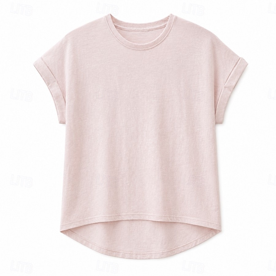 Women's T Shirt Tee Top Rolled Cuff Curved Hem Solid Color Stylish Classic Short Sleeve Crew Neck Regular Tops Casual Going out Black White Pink Gray Summer Spring 2026 - $18.49 –P6