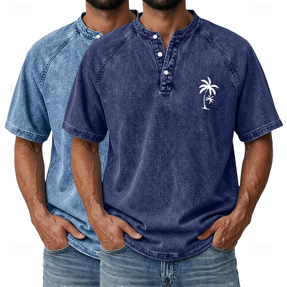 SoftFade™ Men's 2-PCS Coconut Tree T Shirt Demin Shirt 100% Cotton Acid Wash Shirt Short Sleeve Vintage Streetwear Casual Home Street Summer Spring Black Light Green Light Blue Stand 2026 - $62.99 –P8