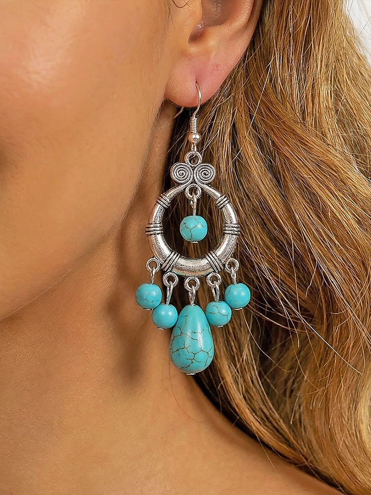 Statement-Ohrringe aus türkisfarbener Legierung im Boho-Stil für Damen, vielseitig kombinierbar, übergroße Hängeohrringe für Strandurlaub, Sommerreisen und den Alltag. 2026 - $7.99 –P3