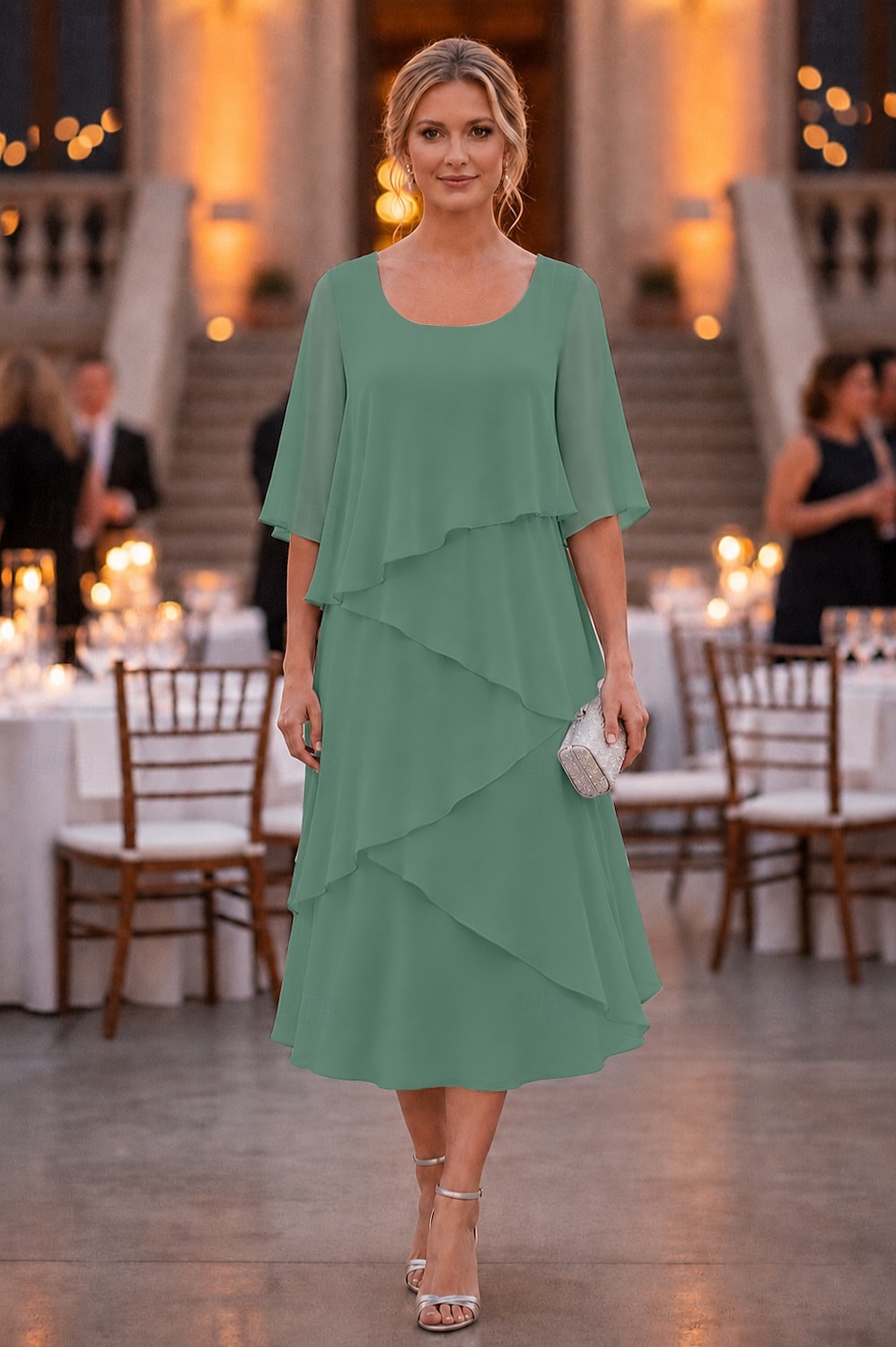 abito a tubino a colonna lunghezza tè abito da festa abito da cocktail abito da invitata a nozze abito da madre della sposa mezza manica scollo a U elegante formale chiffon con volant del 2026 a $137.99 –P6