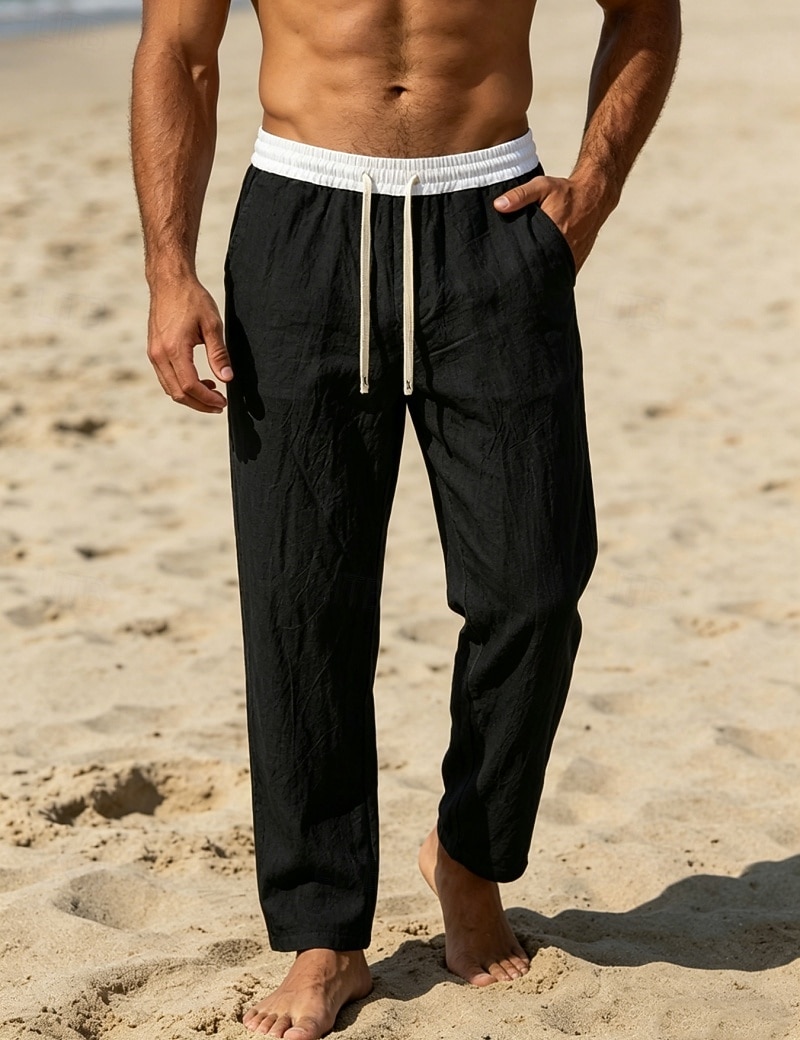 Men's Linen Pants Trousers Summer Pants Beach Pants Drawstring Pocket Elastic Waist Color Block Comfort Breathable Knee Length Daily Outdoor Beach Vacation Fashion Black White Inelastic 2026 - $26.99 –P16