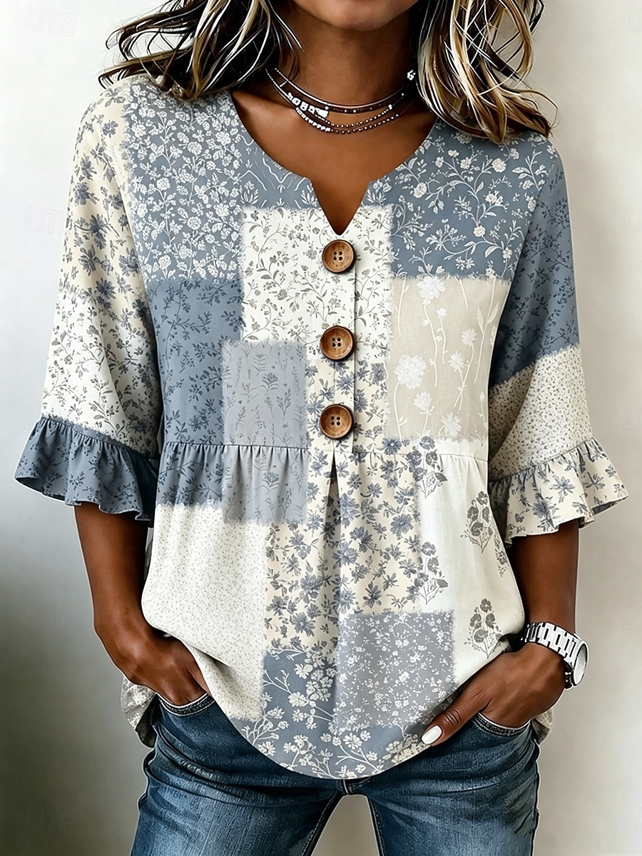 Mujer Camisa Retazos Botones Estampado Floral Graphic Bloque de color Vintage Elegante Media Manga Escote en Pico Tops regulares Casual Diario Festivos Azul Piscina Rosa Marrón Verde Trébol Verano 2026 - $34.99 –P3