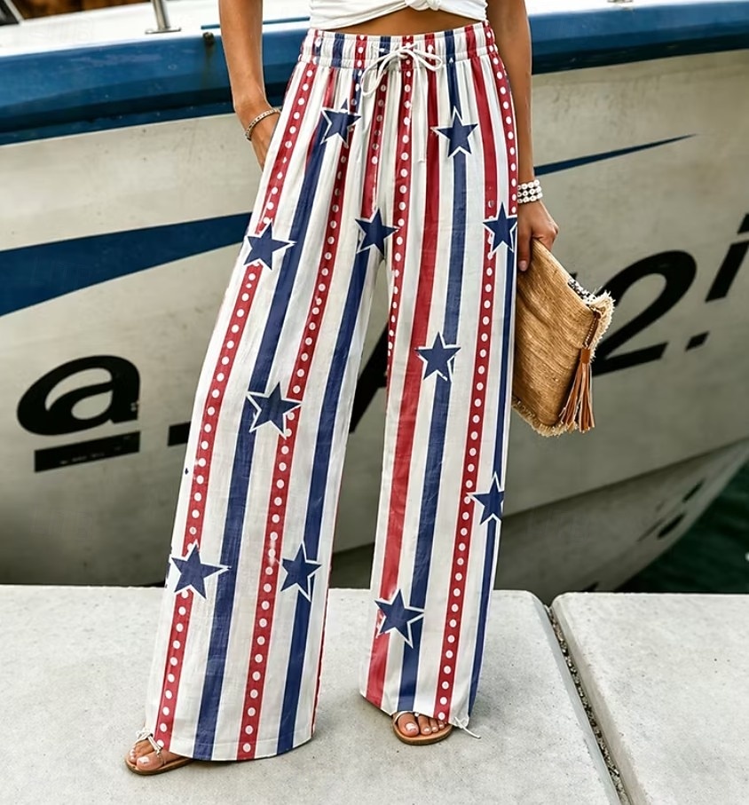 Women's Wide Leg Chinos Casual Pants Pants Trousers Vacation Fashion Basic Full Length Mid WaistPantsAmerican Independence Day American Flag Pocket Elastic Waist Print Comfy Comfort Breathability 2026 - $37.99 –P1