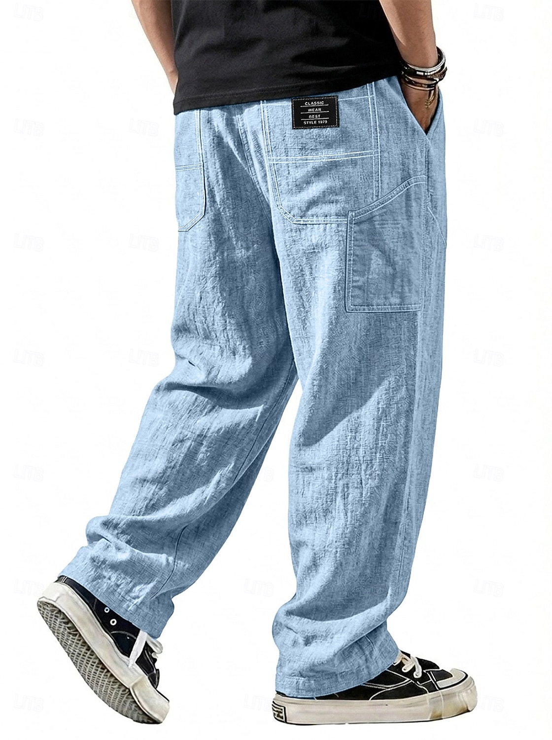 Men's Linen Pants Trousers Casual Pants Summer Pants Baggy Pants Drawstring Pocket Elastic Waist Plain Comfort Lightweight Full Length Daily Outdoor Holiday Vacation Fashion Blue Black Inelastic 2026 - $28.99 –P10
