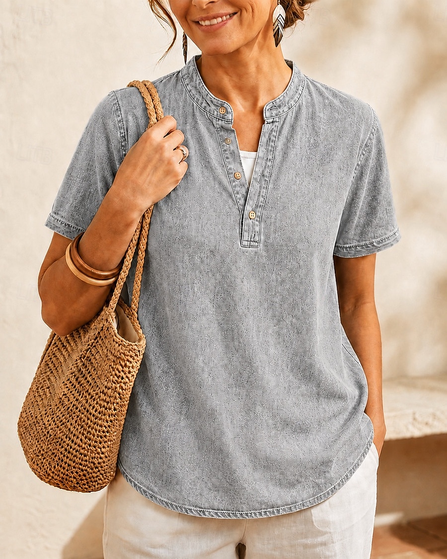 SoftFade™ Women's 100% Cotton Henley Shirt Solid Color Vintage Fashion Stylish Short Sleeve V Neck Regular Tops Casual Beach Blue Khaki Black Purple Orange Summer Spring 2026 - $28.99 –P17