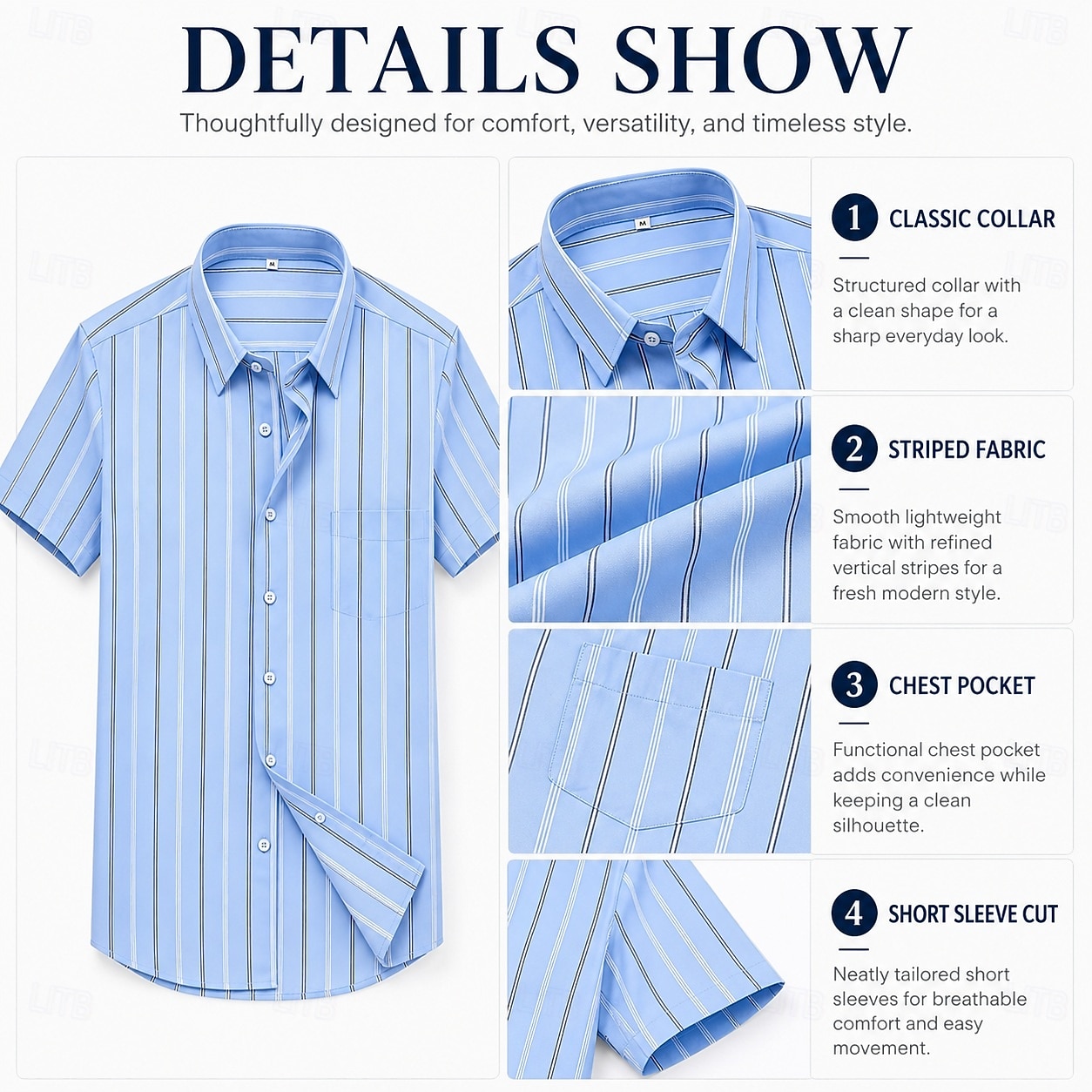 Camicia da uomo elegante, 100% cotone oxford, maniche corte, a righe blu del 2026 a $37.99 –P3