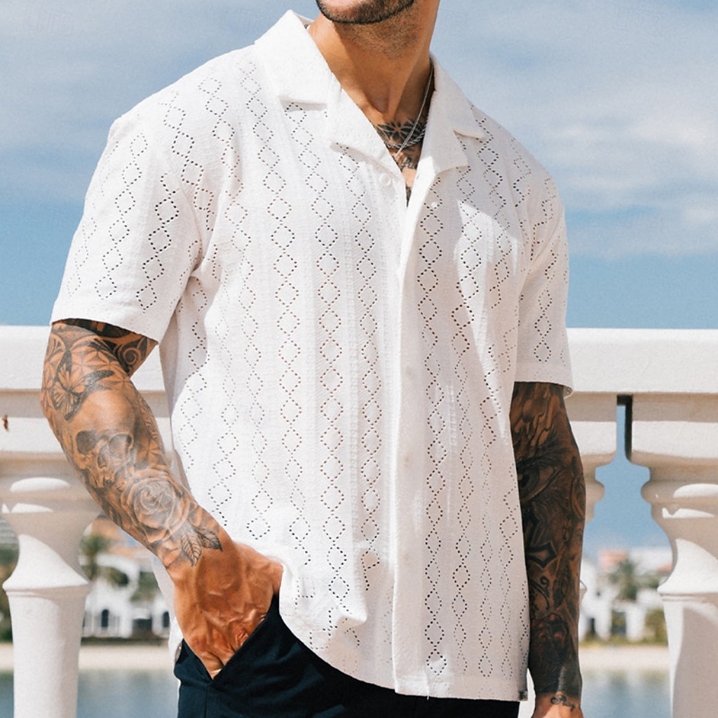 Men's Shirt Casual Shirt Button Up Shirt Jacquard Shirt Black White Short Sleeve Plain Shirt Collar Casual Daily Buttons Clothing Apparel Elegant Fashion Casual 2026 - $31.99 –P1