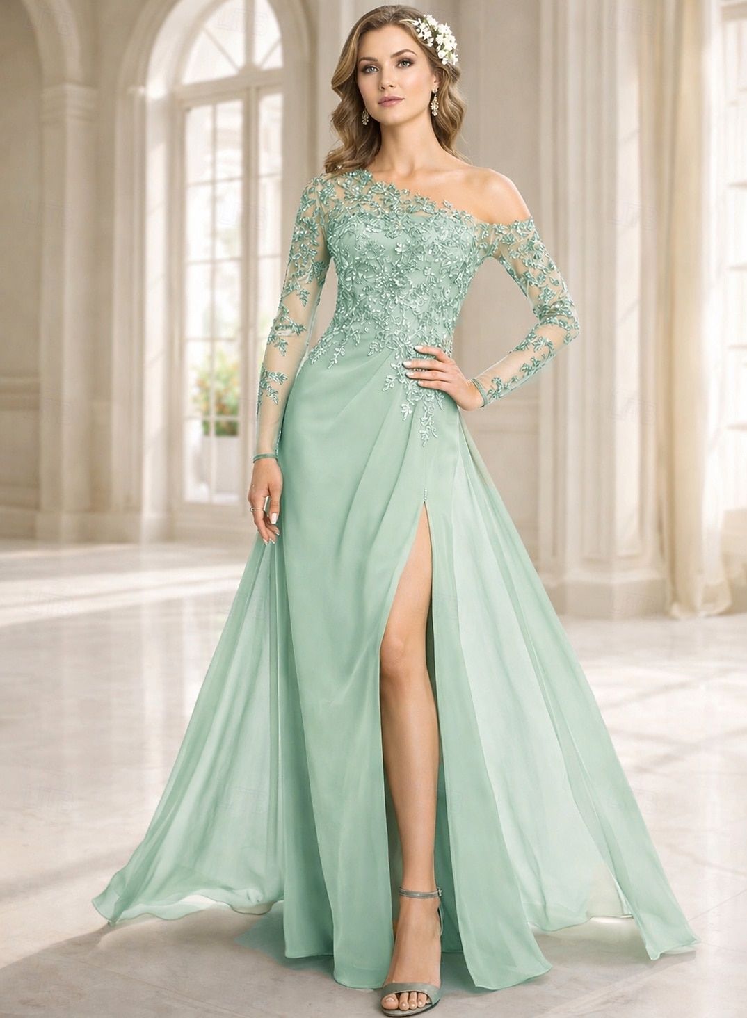 Funda Columna Vestidos Hasta el Suelo Vestido Invitada Boda Vestido formal Vestido de noche Vestido de Madrina Manga Larga Un Hombro Elegante Formal Gasa con Encaje Un Color 2026 - $212.79 –P5