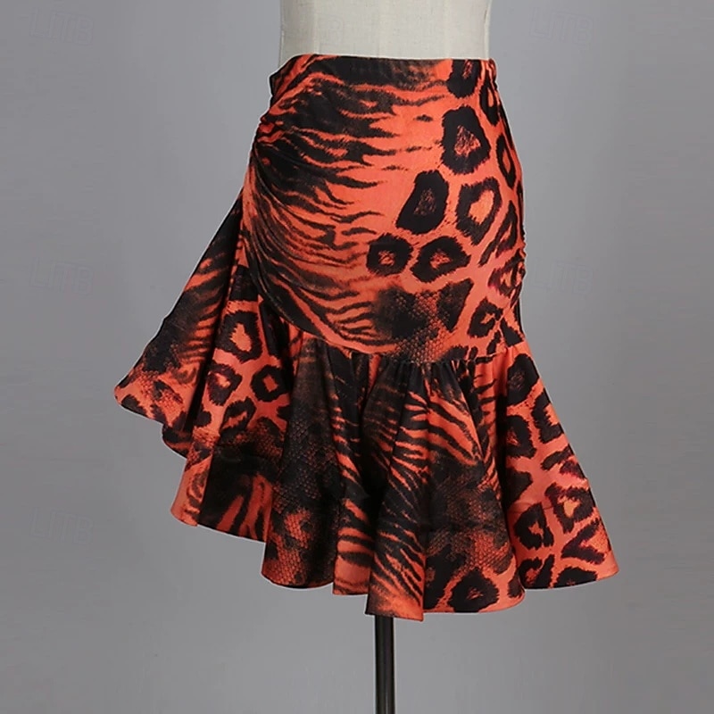 Leopard Print Latin Dance Dress - Long Mesh Sleeve Performance Wear  Orange & Black Salsa Samba Competition 2026 - $128.99 –P4