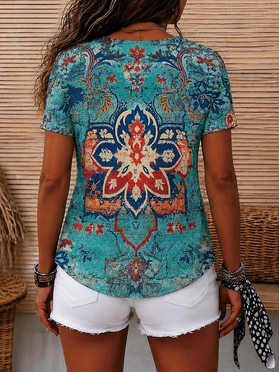 Damen T Shirt Druck Blumen Grafik Geometrisch Vintage Stilvoll Lässig Kurzarm Rundhalsausschnitt V Ausschnitt Rundhals Normale Oberteile Lässig Täglich Wochenende Braun Grün Sommer Frühling Herbst 2026 - $21.99 –P2