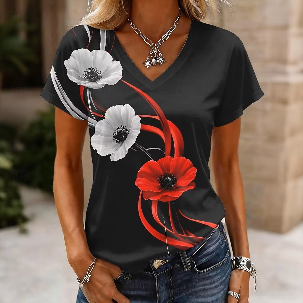 Amerikanischer Unabhängigkeitstag Damen T Shirt Druck Grafik Amerikanische Flagge Vintage Stilvoll Klassisch Kurzarm V Ausschnitt Normale Oberteile Lässig Täglich Schwarz und Rot Rote Schwarz Weiß 2026 - $21.99 –P3