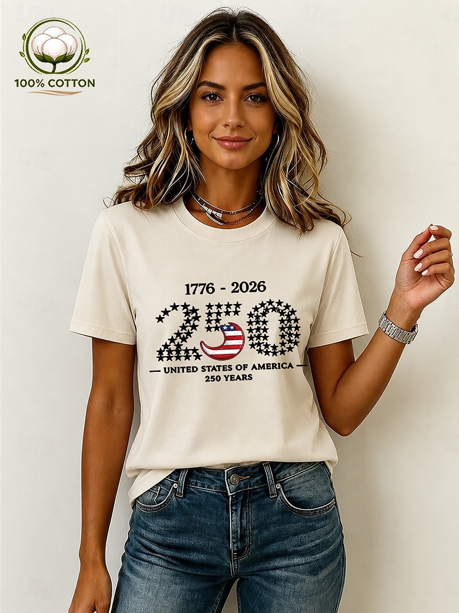 American Independence Day Women's 100% Cotton T Shirt Print Graphic American Flag Vintage Stylish Casual Short Sleeve Crew Neck Regular Tops Casual Daily Weekend Blue Black White Pink Apricot Summer 2026 - $24.99 –P4