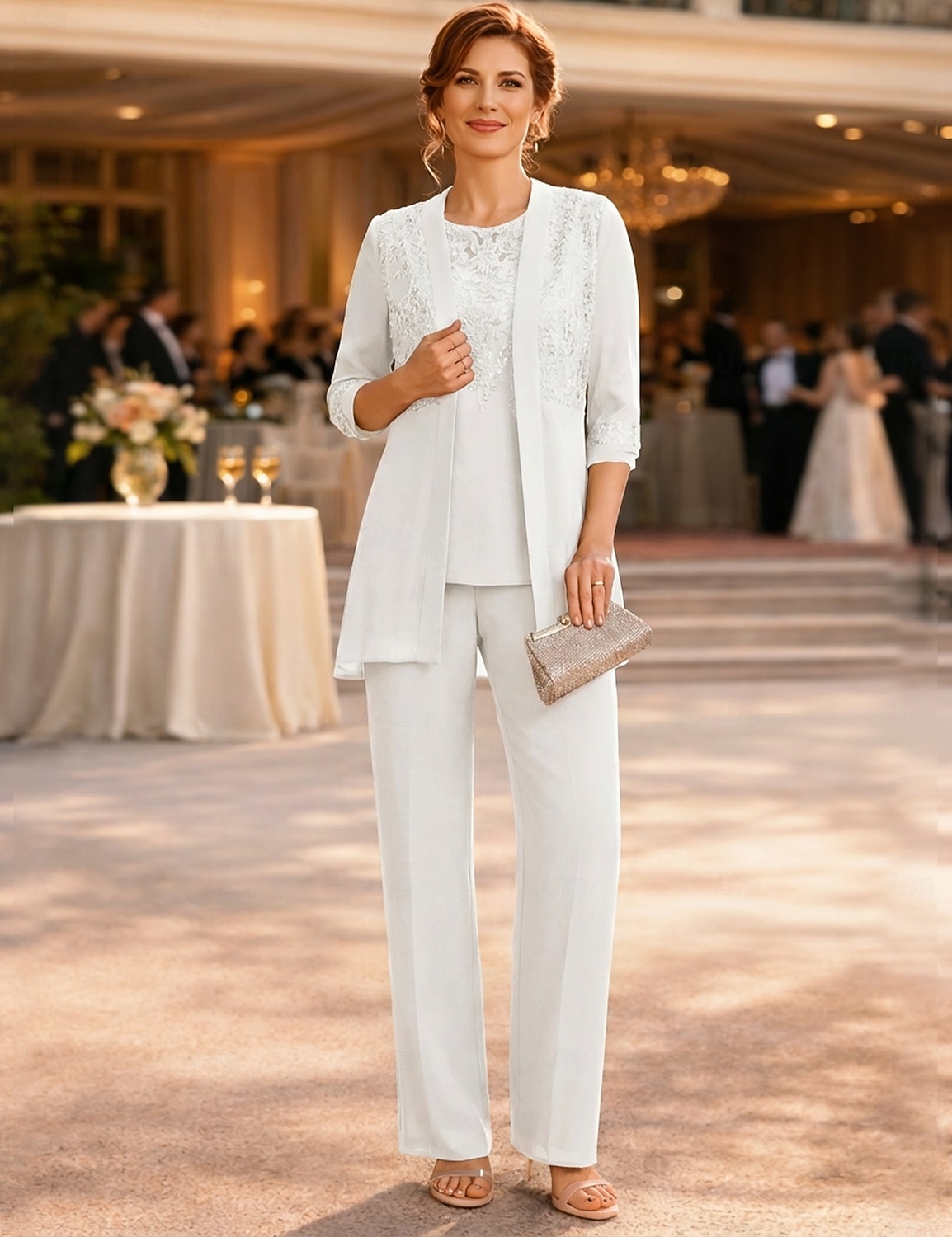 Ensemble pantalon robe mère de la mariée longueur de cheville manches ¾ col ras du cou élégante vintage formelle invité au mariage avec couleur unie de 2026 ? $183.99 –P6