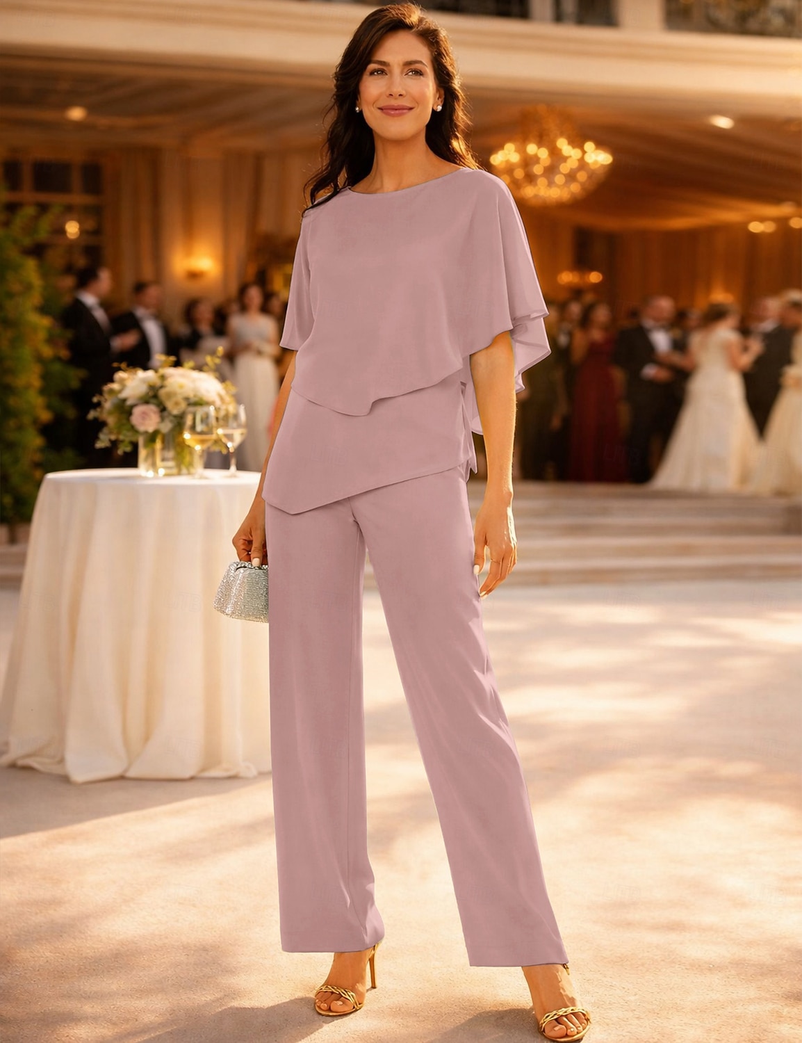 Due Pezzi Lunghezza al pavimento Abito da cerimonia per signora Manica Corta Collo gioiello Elegante Petite Ospite di nozze Chiffon con Arricciato del 2026 a $160.99 –P9