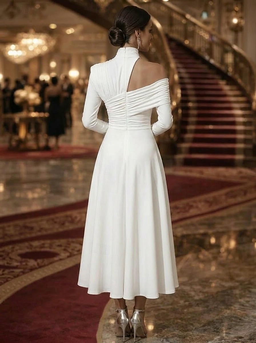 Linea ad A Lunghezza alla caviglia Lunghezza Tè Abiti da Cocktail Elegante Abito da sera stile impero Manica Lunga Collo Alto Festa serale Matrimonio Raso Elasticizzato con Pieghe Tinta unita del 2026 a $159.99 –P2