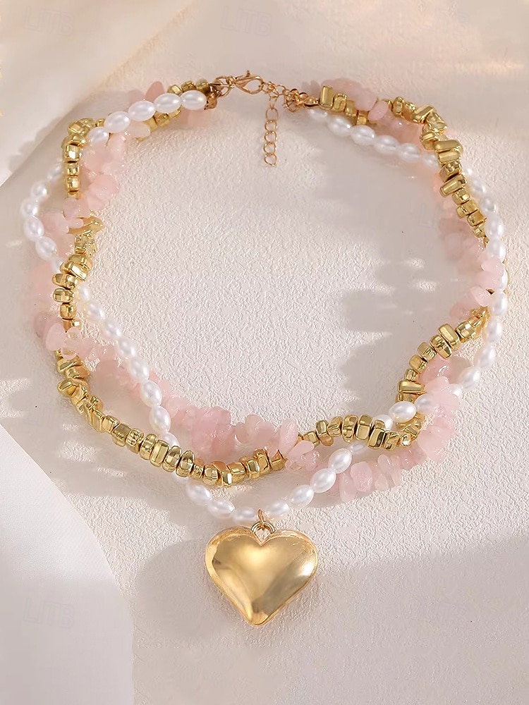 Damhalsband med lager på lager och imitationspärlor, rosa stenar och guldpärlor, elegant chokerhänge för vardagsbruk, semester, trädgårdsfest och semiformella tillfällen 2026 - $11.99 –P4