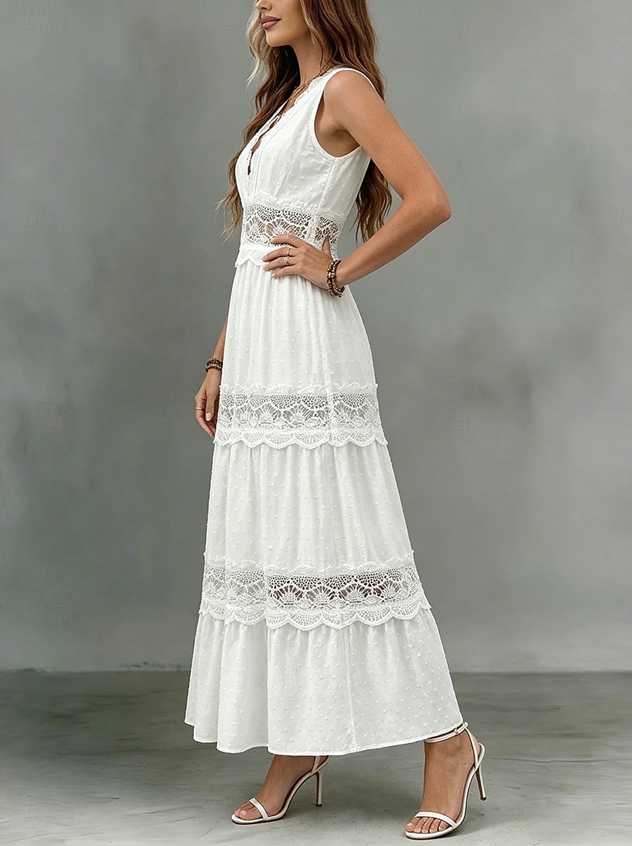Pentru femei Rochie Maxi Rochie de dantela Rochie albă Elegant Modă Plajă Vacanță Concediu Fit regulat Simplu Fără manșon V Adânc Alb Vară Primăvară 2026 - $36.99 –P3