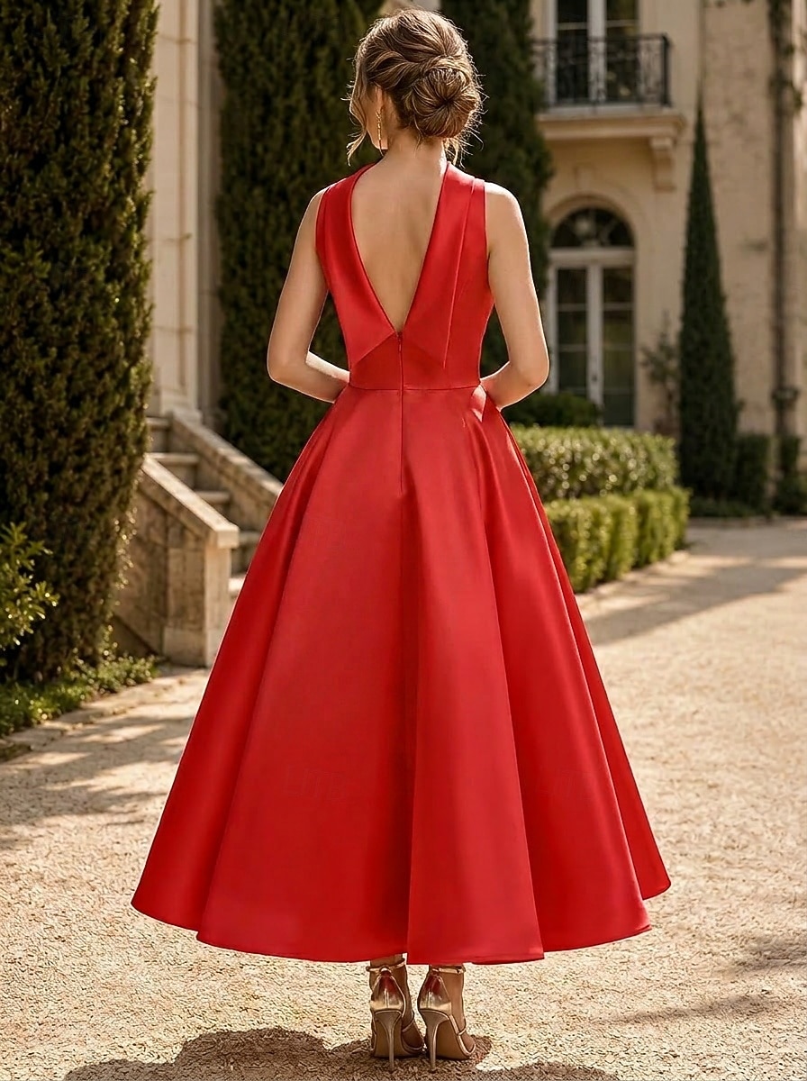 Linha A Longuette Vestidos de cocktail Vestidos de festa Elegante Sedoso Sem Manga Gola Redonda Casamento Formal Bolsos Cetim com Laço(s) Miçangas de 2026 por $149.99 –P6