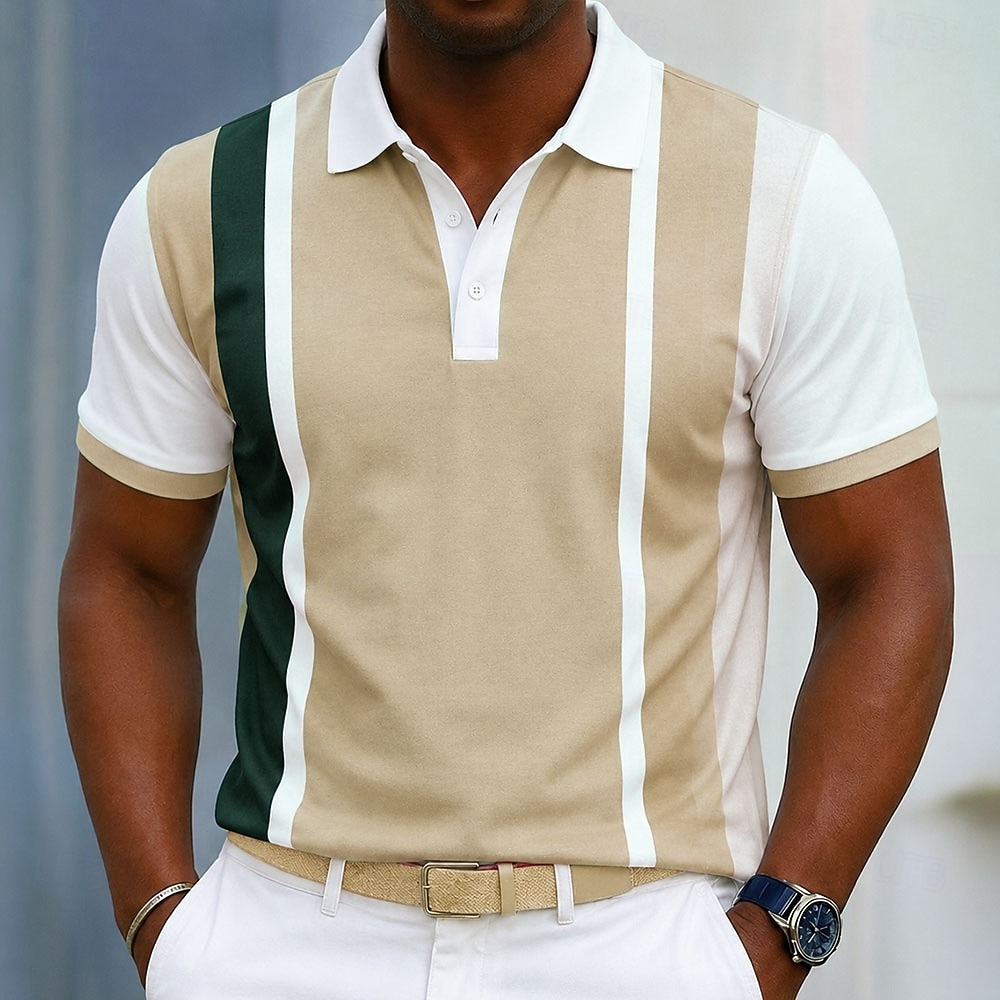 Homens Tiras verticais Linha Camisas Polo Manga Curta Camisas polo Camisas de colarinho Casual Roupa Esportiva Impressão 3D Botões Malha Respirável Primavera Verão Azul Roxo Marron de 2026 por $22.99 –P4