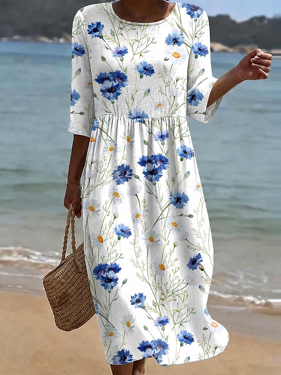 Mulheres Vestido midi Vestidos Para o Verão Vestido de verão Férias Casual Boho Feriado Normal Floral Gráfico Meia Manga Gola Redonda Branco Verde Claro Azul Céu Verão Primavera de 2026 por $36.99 –P5