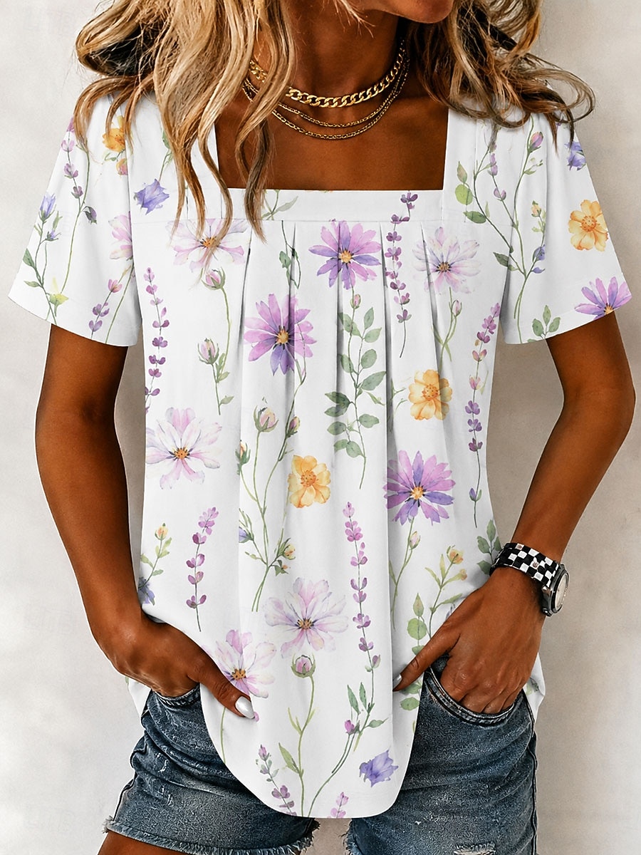 Per donna Maglietta Stampato Floreale Grafico Vintage Elegante Classico Manica Corta Collo quadrato Top Regolari Quotidiano Weekend Blu Giallo Viola Estate Primavera del 2026 a $25.99 –P2