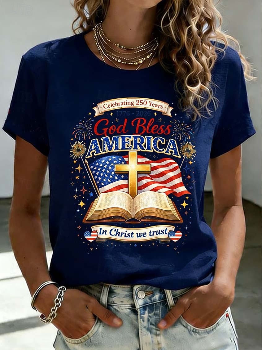 American Independence Day Women's T Shirt Print Graphic Flag Letter Vintage Fashion Stylish Short Sleeve Crew Neck Round Neck Regular Tops Casual Daily Weekend Blue Black+White+Gray Black Summer 2026 - $21.99 –P3
