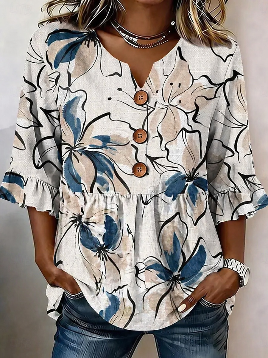 Women's Blouse Buttons Print Floral Graphic Paisley Vintage Stylish Modern Half Sleeve V Neck Regular Tops Casual Daily White Yellow Green Summer Spring 2026 - $34.99 –P4