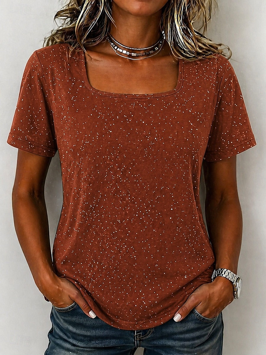 Dam T-shirt T-tröja Strass Ensfärgat Mode Stylish Klassisk Kortärmad Fyrkantig hals Vanliga toppar Ledigt Dagligen Utekväll Svart Vit Brun Grå Sommar Vår 2026 - $19.99 –P8