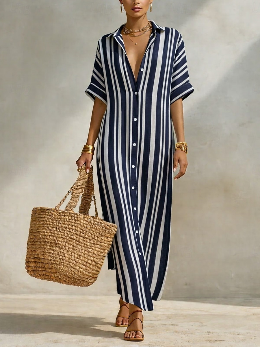 Per donna Abito maxi Abito a Tubino Vacanza Casual All'aperto Uscire Vestibilità regolare A righe Manica 3/4 Collo ripiegato Blu blu navy Nero Arancione Estate Primavera del 2026 a $44.99 –P4