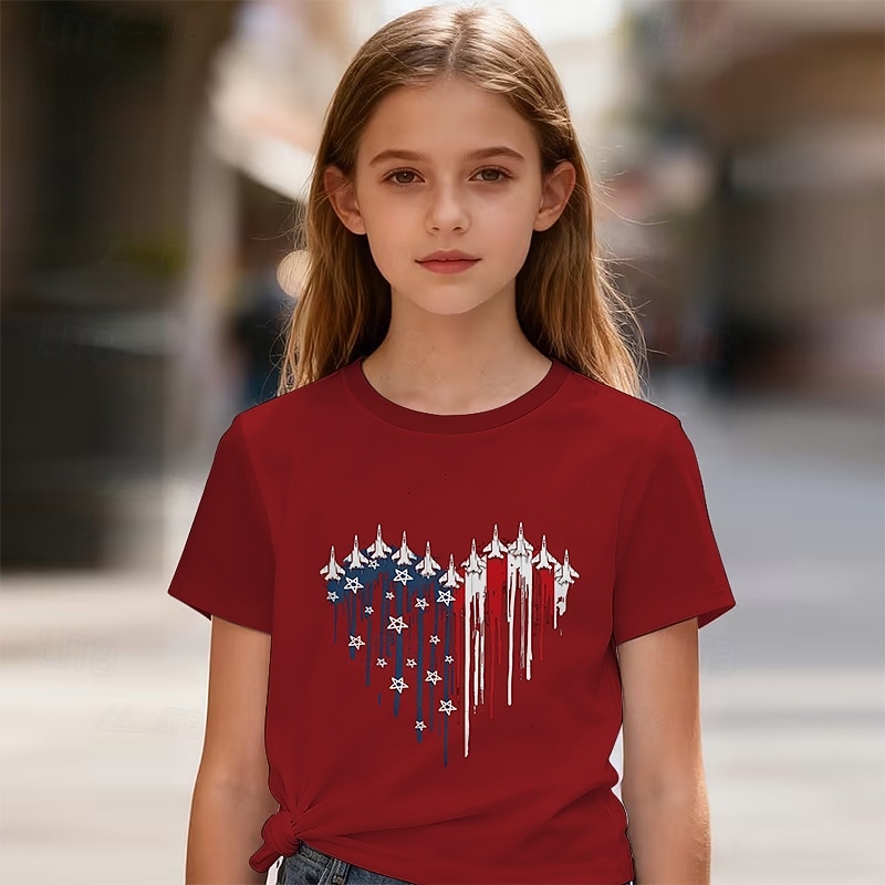 Cotton American Independence Day Kids Girls' Black Red Printed T shirt Blouse Crew Neck Short Sleeve Casual Daily Outdoor Casual Graphic Summer 2026 - $13.49 –P9