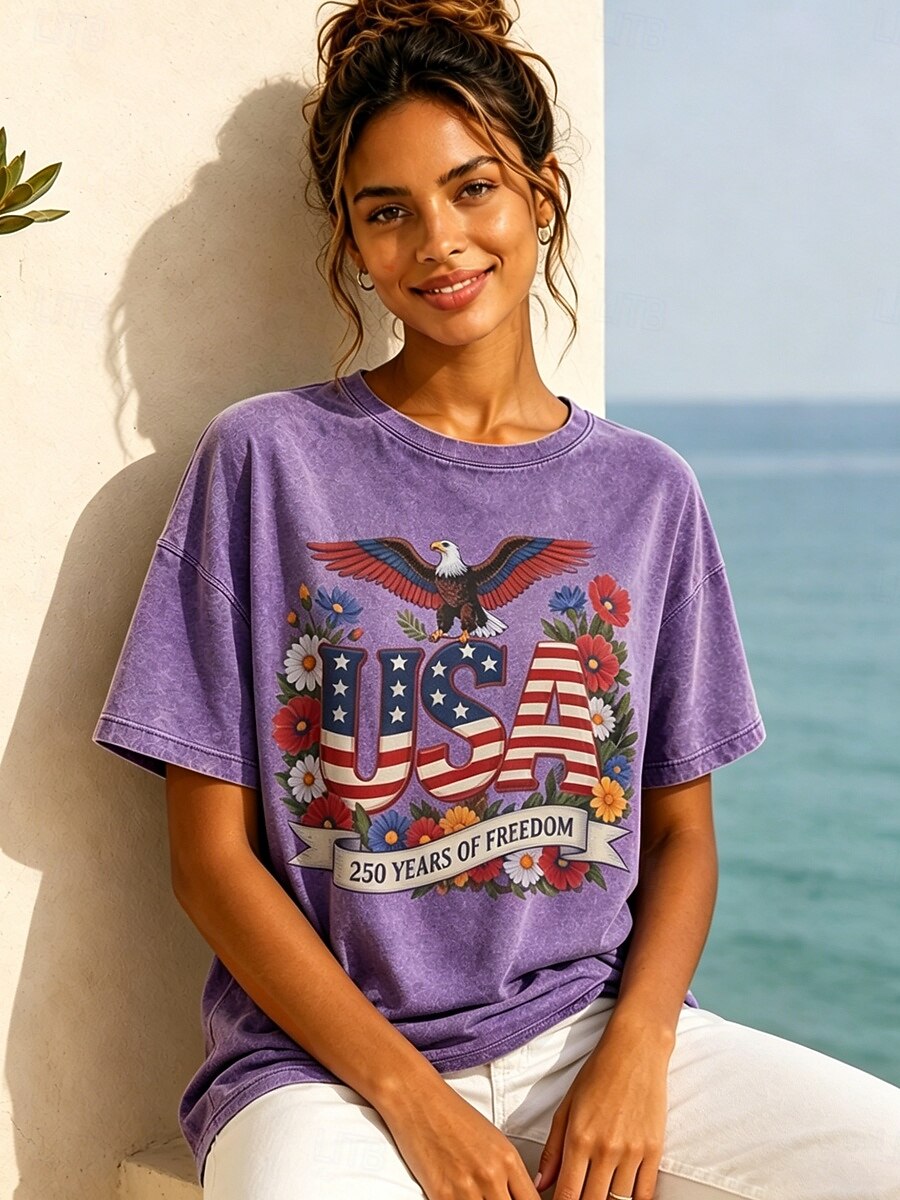 Amerikaanse onafhankelijkheidsdag Dames 100% Katoen T-shirt Vintage gewassen tops Afdrukken Grafisch Brief Vintage Modieus Stijlvol Korte mouw Strakke ronde hals Normale tops Casual Dagelijks blauw 2026 - $33.99 –P3