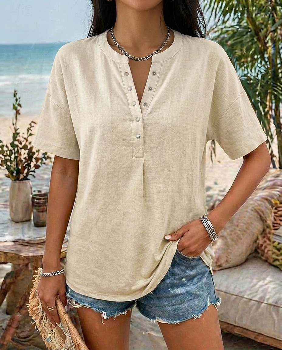 Women's Shirt Casual Shirt Vacation Vintage Fashion Short Sleeve V Neck Crop Tops Casual Khaki Black White Yellow Pink Summer Spring 2026 - $31.99 –P11