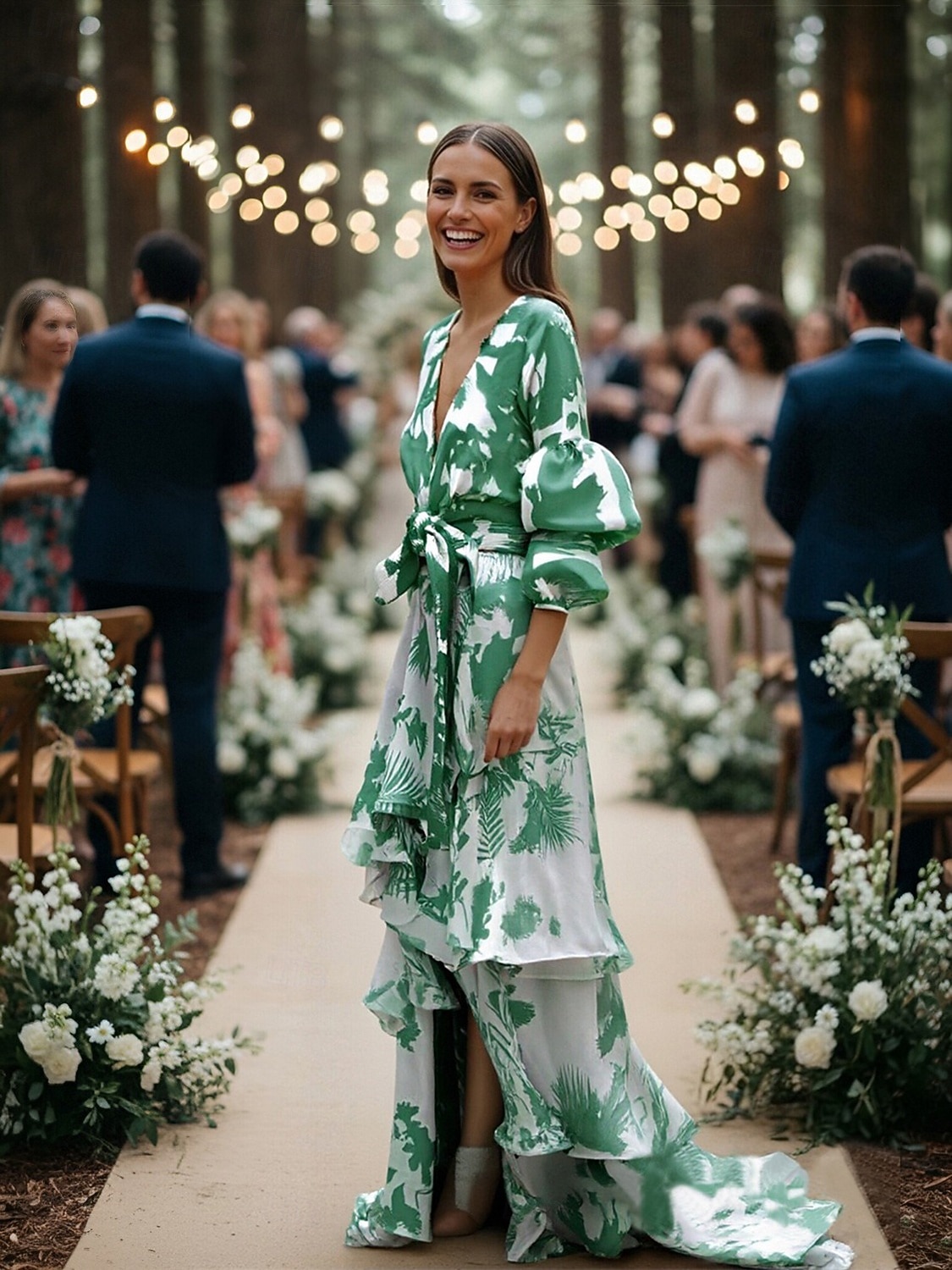 Vestido de Convidada de Casamento em Comprimento de Chão com Mangas Longas e Decote em V Vestido de Mãe da Noiva Vestido de Festa com Estampa de 2026 por $91.99 –P5