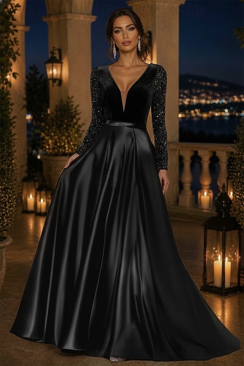 A-Line Floor Length Formal Dresses Mother of the Bride Dress Evening Gown Formal Dress Elegant Glittering Sparkle Long Sleeve V Neck Wedding Formal Satin Sequined with Solid Color 2026 - $182.99 –P4