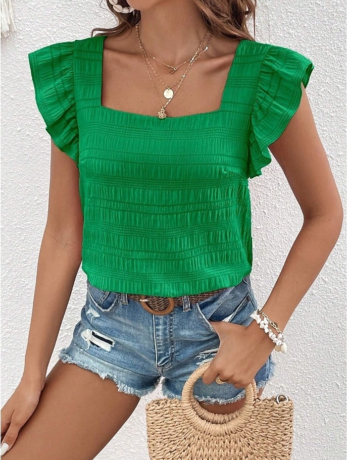 Women's Blouse Solid Color Vintage Stylish Casual Short Sleeve Square Neck Regular Tops Casual Daily Blue White Pink Red Purple Summer Spring 2026 - $25.99 –P5
