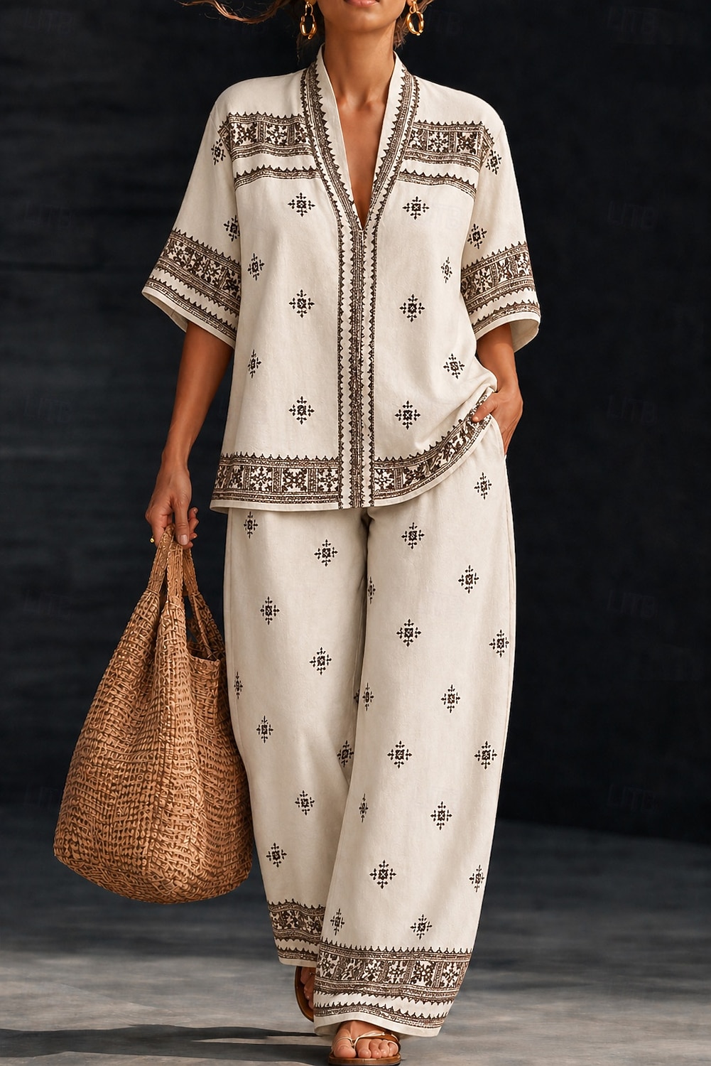 Per donna Camicia Set di biancheria in cotone Set di Pantaloni Manica Corta Scollo a V Floreale Grafico Geometrico Stampato Vacanza Moda Streetwear Casuale Quotidiano All'aperto Bianco Primavera del 2026 a $55.99 –P1