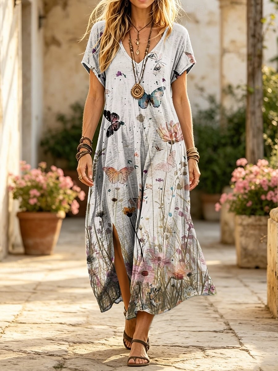 Women's Midi Dress Shift Dress Casual Regular Fit Floral Geometric Abstract Short Sleeve V Neck White Green Beige Summer Spring 2026 - $25.99 –P3