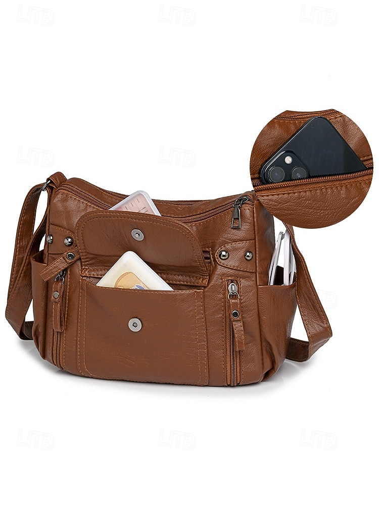 Bolsa transversal feminina em couro sintético, com vários bolsos, bolsa de ombro espaçosa com alça ajustável, bolsa mensageiro vintage macia para viagens, férias e uso casual diário. de 2026 por $18.99 –P9