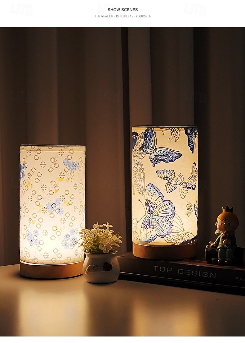 USB-tafellamp met stoffen kap – bloemenprint &Blauw vlinderdesign, dimbaar nachtlampje met 3 kleuren, geschikt voor slaapkamer, woonkamer, naast het bed of de eetkamer. Sfeervolle decoratieve lamp. 2026 - $17.49 –P2
