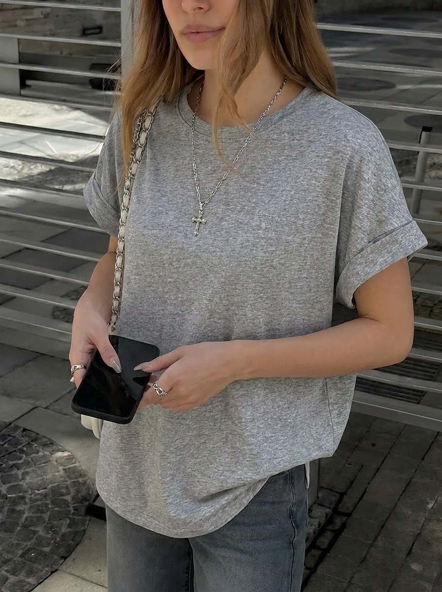 Women's T Shirt Tee Top Rolled Cuff Curved Hem Solid Color Stylish Classic Short Sleeve Crew Neck Regular Tops Casual Going out Black White Pink Gray Summer Spring 2026 - $18.49 –P4